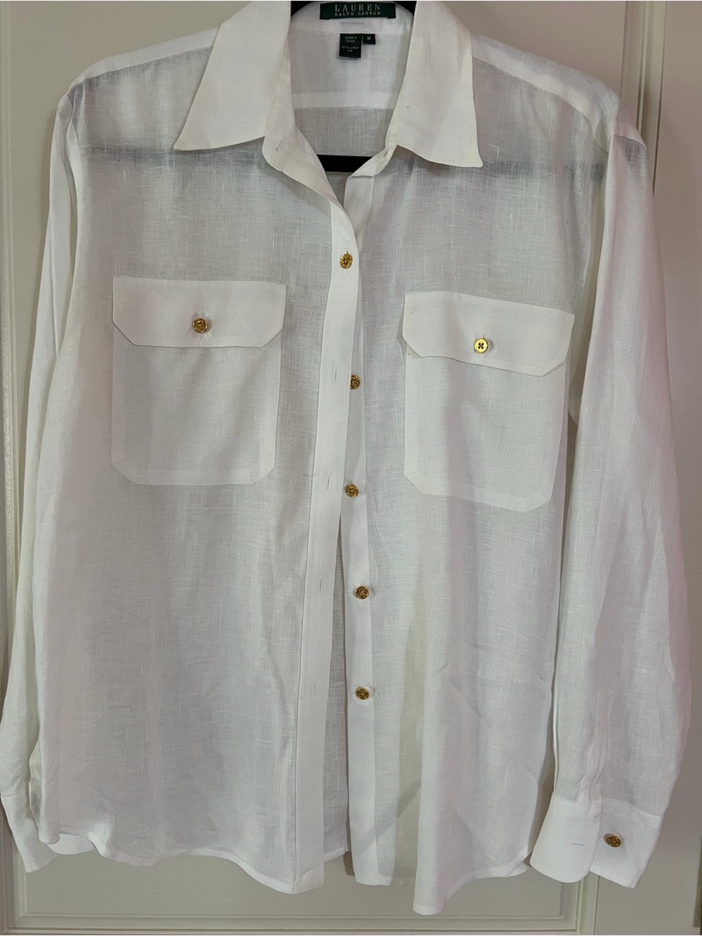 Ralph Lauren White Linen Button-Down Linen Shirt with Gold Buttons